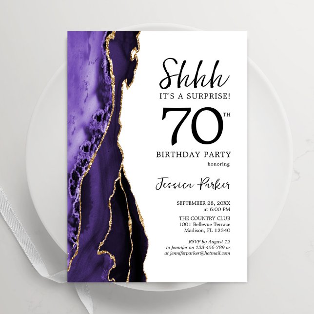 Purple Agate White Gold Surprise 70th Birthday Invitation (Creator Uploaded)