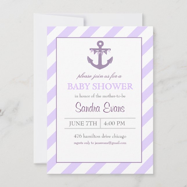 Purple Ahoy Anchor Baby Shower Invitation (Front)