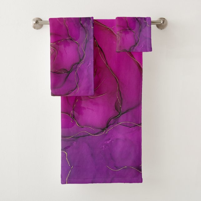 Purple alcohol ink bath towel set (Insitu)
