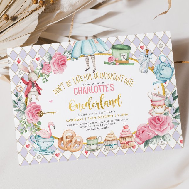 Purple Alice in Wonderland 1st Birthday Mad Tea Invitation (Creator Uploaded)