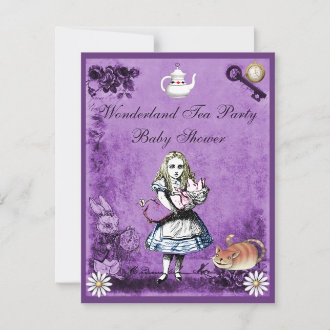 Purple Alice in Wonderland Tea Party Baby Shower Invitation (Front)