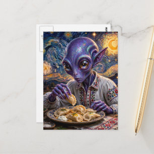 Purple Alien Eating Pierogies Starry Night Postcard