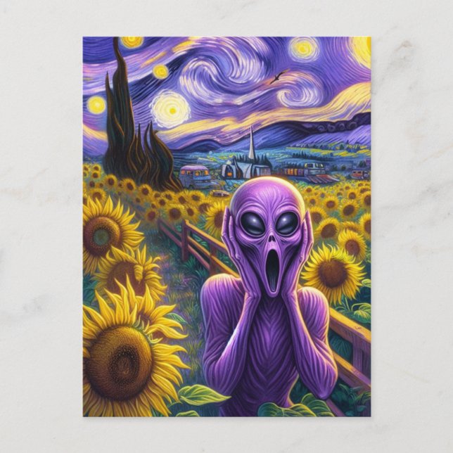 Purple Alien Screaming Sunflowers Faux Van Gogh Postcard (Front)