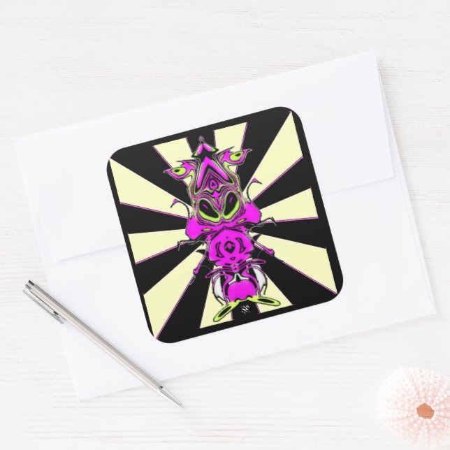 Purple alien squirrel wearing flashing slippers square sticker (Envelope)