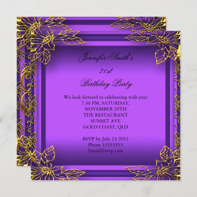 Purple All Occasions Elite Elegant Party Gold Invitation (Front/Back)
