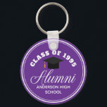 Purple Alumni High School Reunion Personalised Key Ring<br><div class="desc">A classy custom class reunion party favour gift in purple and white for a high school,  college,  or university. Customise with your school name and graduating class under the elegant calligraphy for a great personalised alumni keychain present.</div>