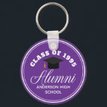 Purple Alumni High School Reunion Personalised Key Ring<br><div class="desc">A classy custom class reunion party favour gift in purple and white for a high school,  college,  or university. Customise with your school name and graduating class under the elegant calligraphy for a great personalised alumni keychain present.</div>