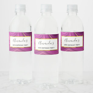 Purple Amethyst And Gold Abstract Agate Birthday Water Bottle Label