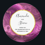 Purple Amethyst And Gold Agate Wedding Thank You Magnet<br><div class="desc">A wedding thank you magnet with an elegant abstract design. Dark purple amethyst colour with ribbons of gold nestled between layered strata. Rich and beautiful design. Layered over top is a white circle frame with a faux gold foil border,  with your personalised text inside.</div>