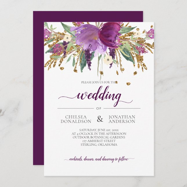 Purple Amethyst and Gold Floral Wedding Invitation (Front/Back)
