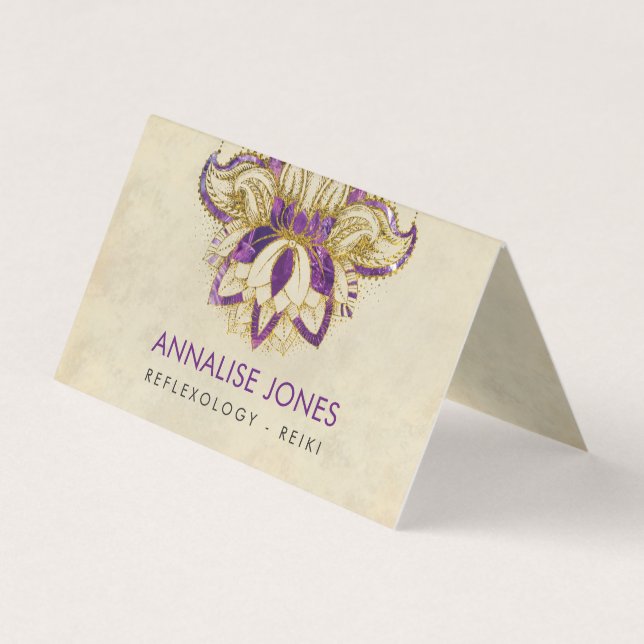 Purple Amethyst and Gold frame Lotus Business Card (Front)