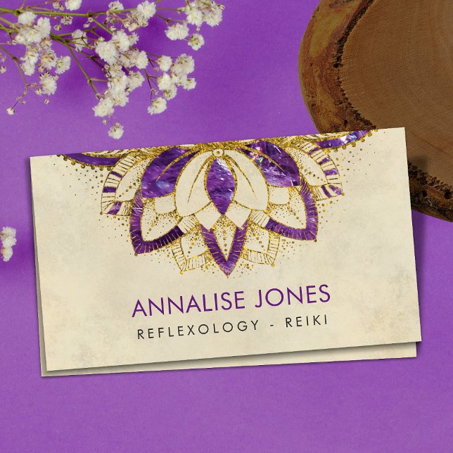 Purple Amethyst and gold frame Lotus Business Card (Creator Uploaded)