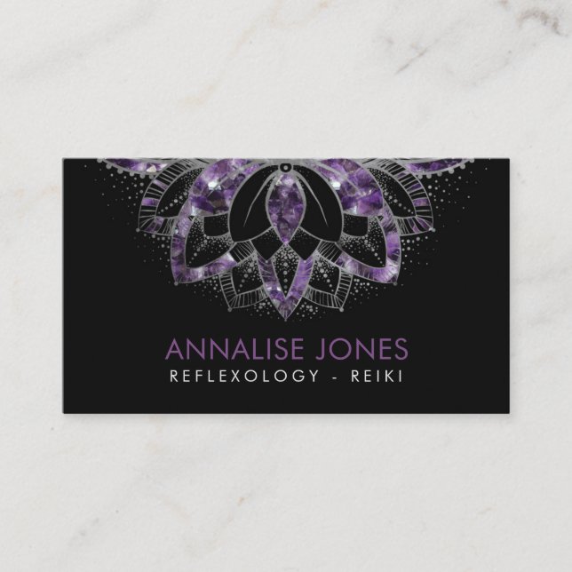 Purple Amethyst and Silver frame Lotus on black Business Card (Front)