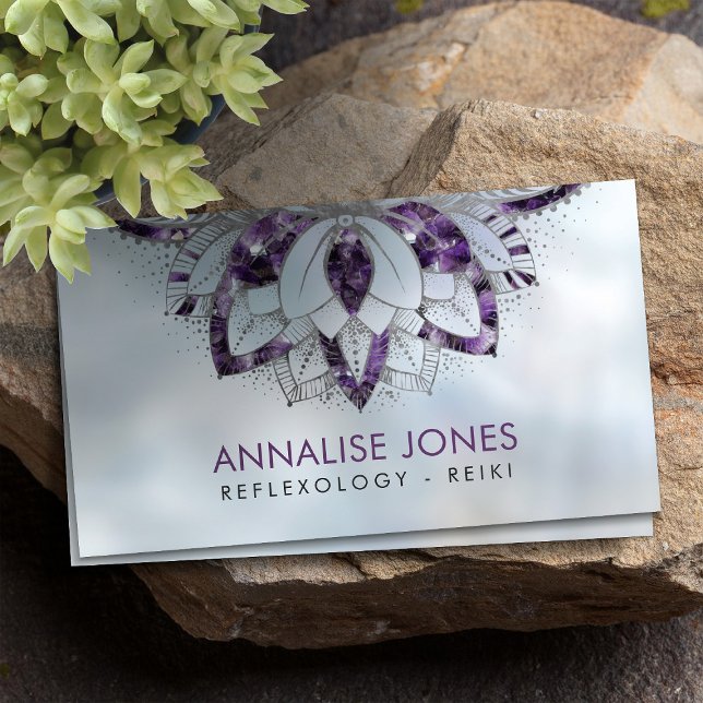 Purple Amethyst and Silver frame Lotus on pearl Business Card (Creator Uploaded)