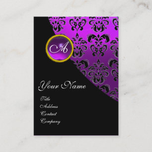 PURPLE AMETHYST BLACK VIOLET DAMASK MONOGRAM, BUSINESS CARD