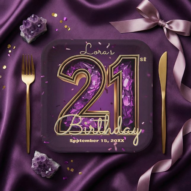 Purple Amethyst Crystal Gold 21st Birthday Paper Plate (Creator Uploaded)