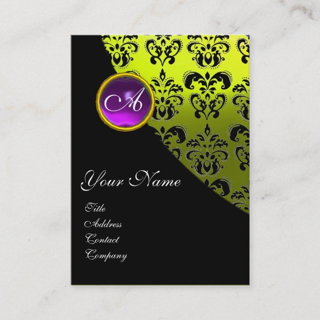 PURPLE AMETHYST DAMASK MONOGRAM ,yellow Business Card (Front)