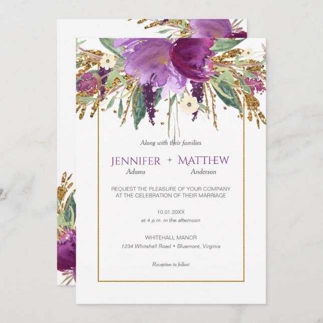 Purple Amethyst Floral Gold Glitter Spring Wedding Invitation (Front/Back)