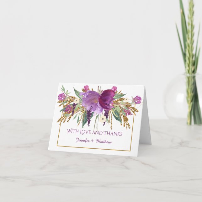 Purple Amethyst Flowers Gold Glitter Thank You Card (Front)
