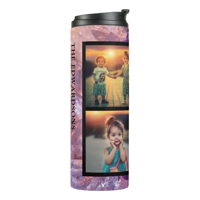 Purple amethyst gem family photo collage monogram thermal tumbler (Rotated Left)