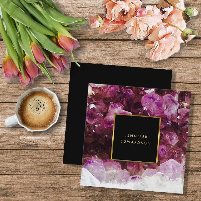 Purple amethyst gemstone crystal professional square business card (Modern elegant purple amethyst, black gold,  professional square business card.)
