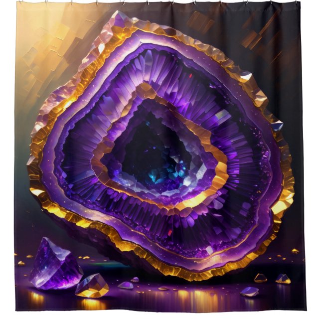 Purple Amethyst Geode Gold Shower Curtain (Front)