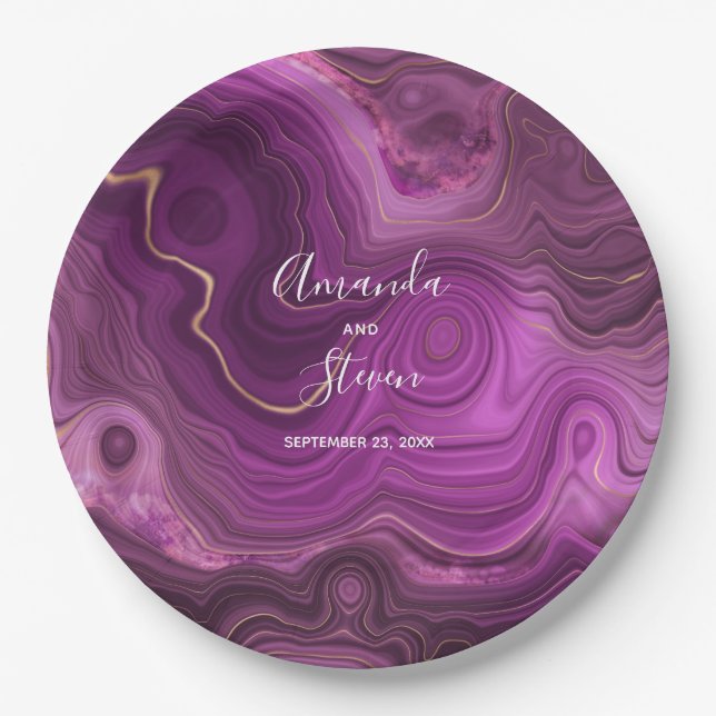 Purple Amethyst & Gold Abstract Agate Wedding Pape Paper Plate (Front)