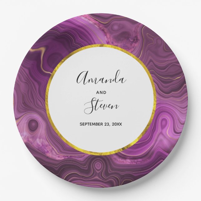 Purple Amethyst & Gold Abstract Agate Wedding Paper Plate (Front)