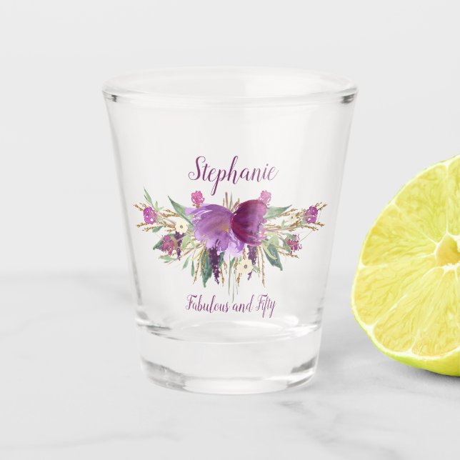 Purple Amethyst Gold Floral Fabulous and Fifty Shot Glass (Front)