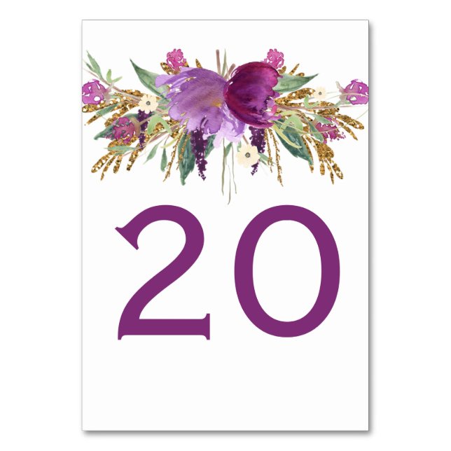 Purple Amethyst Gold Glitter Floral Table Cards (Front)