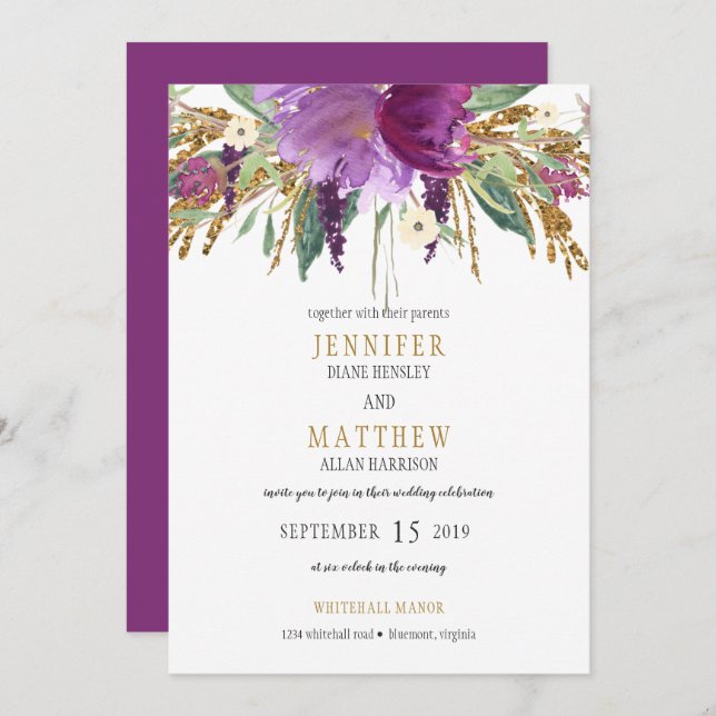 Purple Amethyst Gold Glitter Greenery Wedding | Invitation (Front/Back)