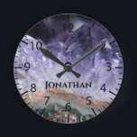 Purple Amethyst Stone Crystals Geode Photo Custom Round Clock<br><div class="desc">Photo close-up of a purple amethyst stone geode with a customisable name for a personalised gift for someone who loves stones and minerals.</div>