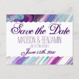 Purple and Aqua Abstract Wedding Save the Date Postcard