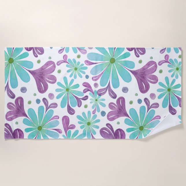 Purple and Aqua Floral Beach Towel (Front)