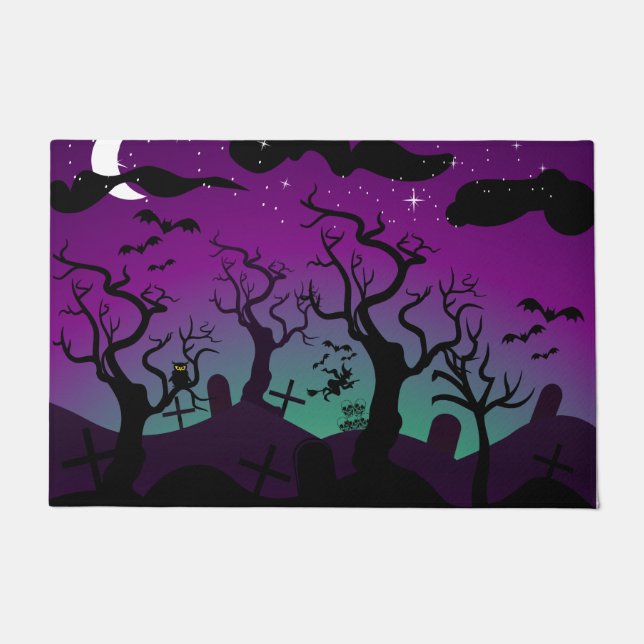 Purple and aqua haunted graveyard Halloween Doormat (Front)