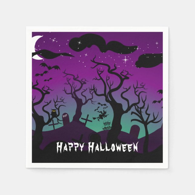 Purple and aqua haunted graveyard Halloween Napkin (Front)