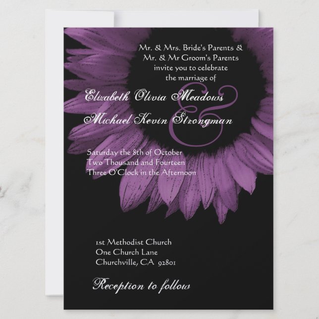 Purple and Black Coloured Sunflower Wedding LARGE Invitation (Front)