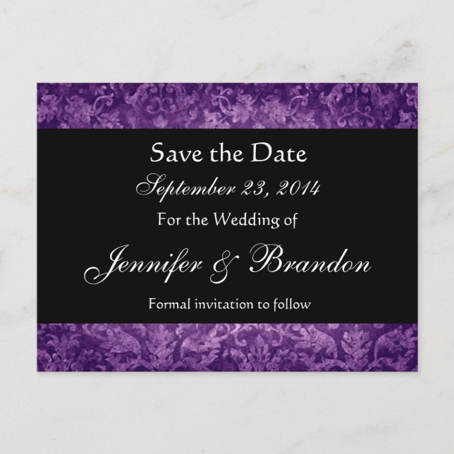 Purple and Black Damask Save The Date Postcard (Front)