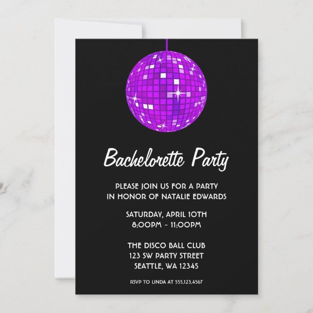 Purple and Black Disco Ball Bachelorette Party Invitation (Front)