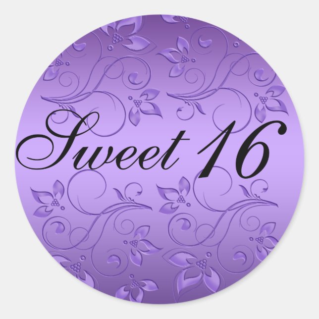 Purple and Black Floral Sweet Sixteen Sticker (Front)