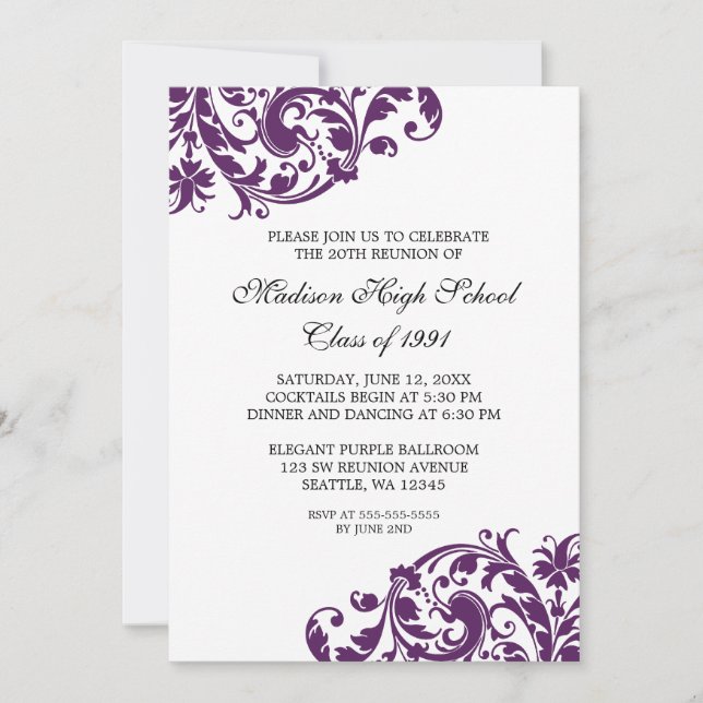 Purple and Black Flourish Class Reunion Invitation (Front)