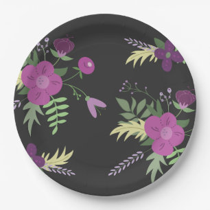 Purple and Black Flower Design Paper Plate