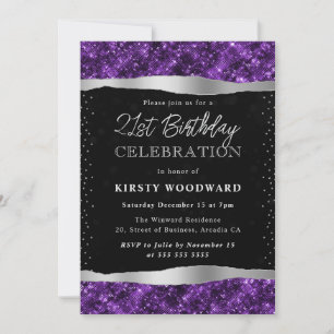 Purple and Black Glitter Shimmer 21st Birthday Invitation