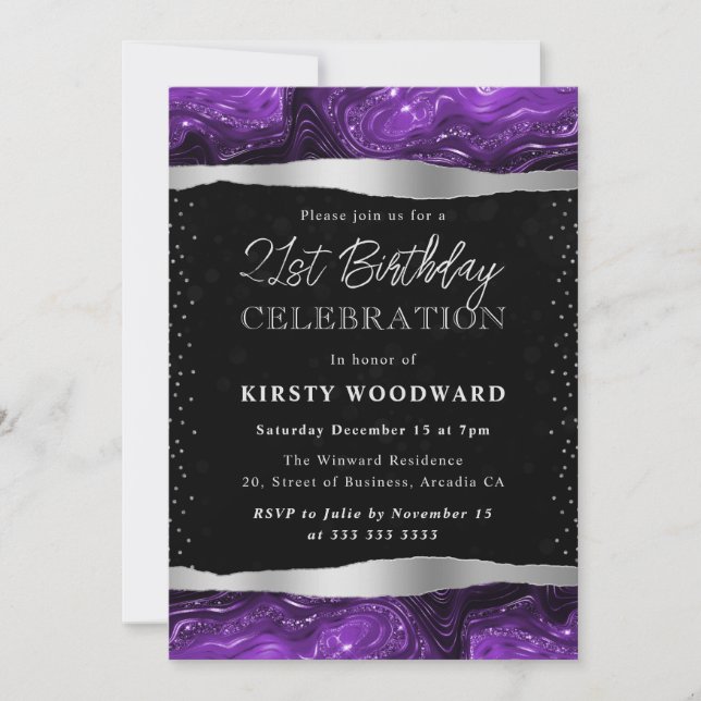 Purple and Black Glitter Shimmer 21st Birthday Invitation (Front)
