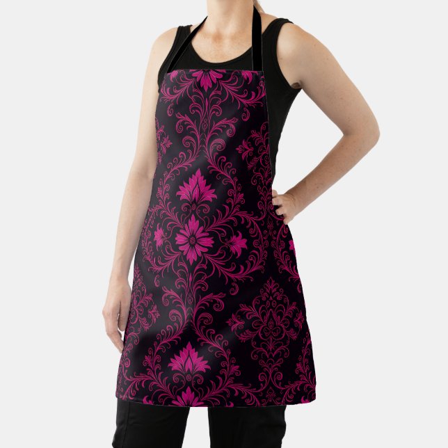 Purple and black gothic damask pattern apron (Insitu)