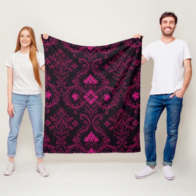 Purple and black gothic damask pattern fleece blanket (In Situ)