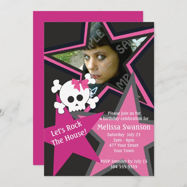 Purple and Black Gothic Rock Star Birthday Invitation (Front/Back)