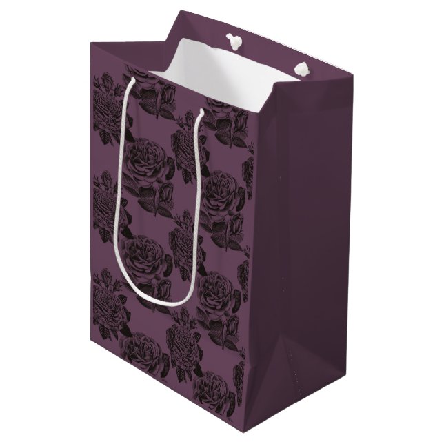 Purple and Black Gothic Roses Pattern Halloween Medium Gift Bag (Front Angled)
