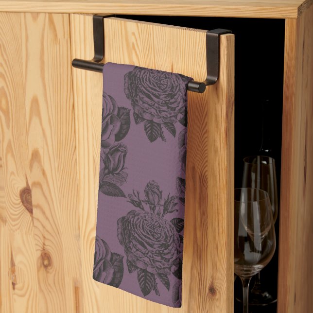 Purple and Black Gothic Roses Pattern Halloween Tea Towel (Thirds Fold)