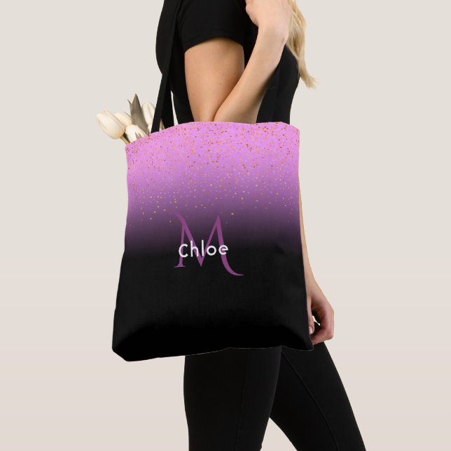 Purple and black gradient with monogram and name tote bag (Close Up)